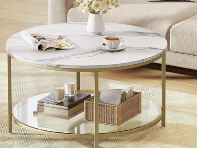 Round Coffee Table with Faux Marble Top and Gold Metal Frame.