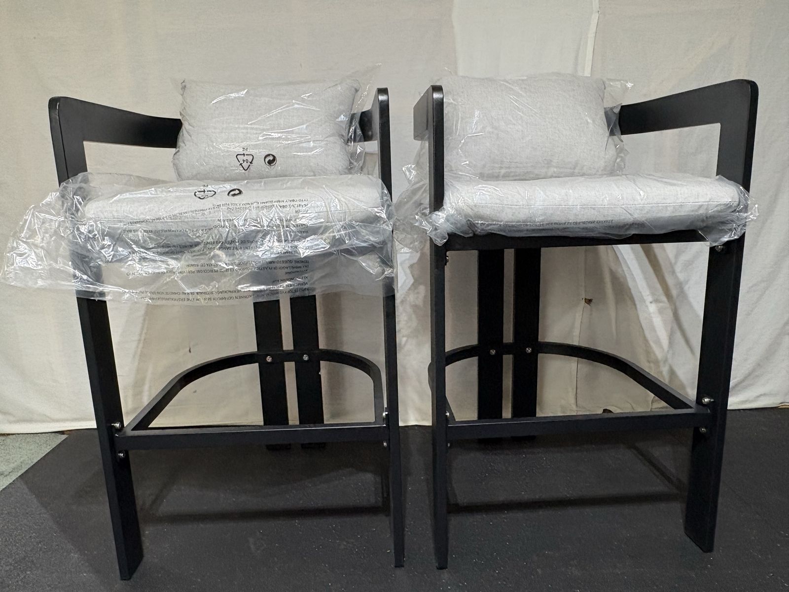 2 New Modern Black Counter Bar Stools with Padded Gray Fabric Seats & Footrests