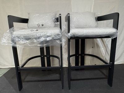 2 New Modern Black Counter Bar Stools with Padded Gray Fabric Seats & Footrests