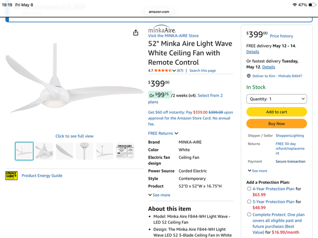 MINKA AIRE LIGHT WAVE 52" CEILING FAN & LIGHT
