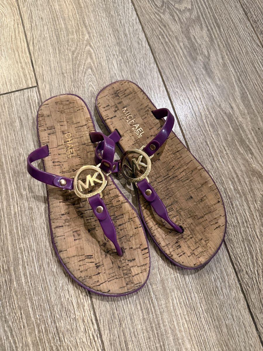 Michael Michael Kors Purple Cork-Style Flip Flops with Goldtone MK Logo, Women's Size 6