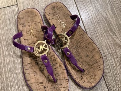 Michael Michael Kors Purple Cork-Style Flip Flops with Goldtone MK Logo, Women's Size 6