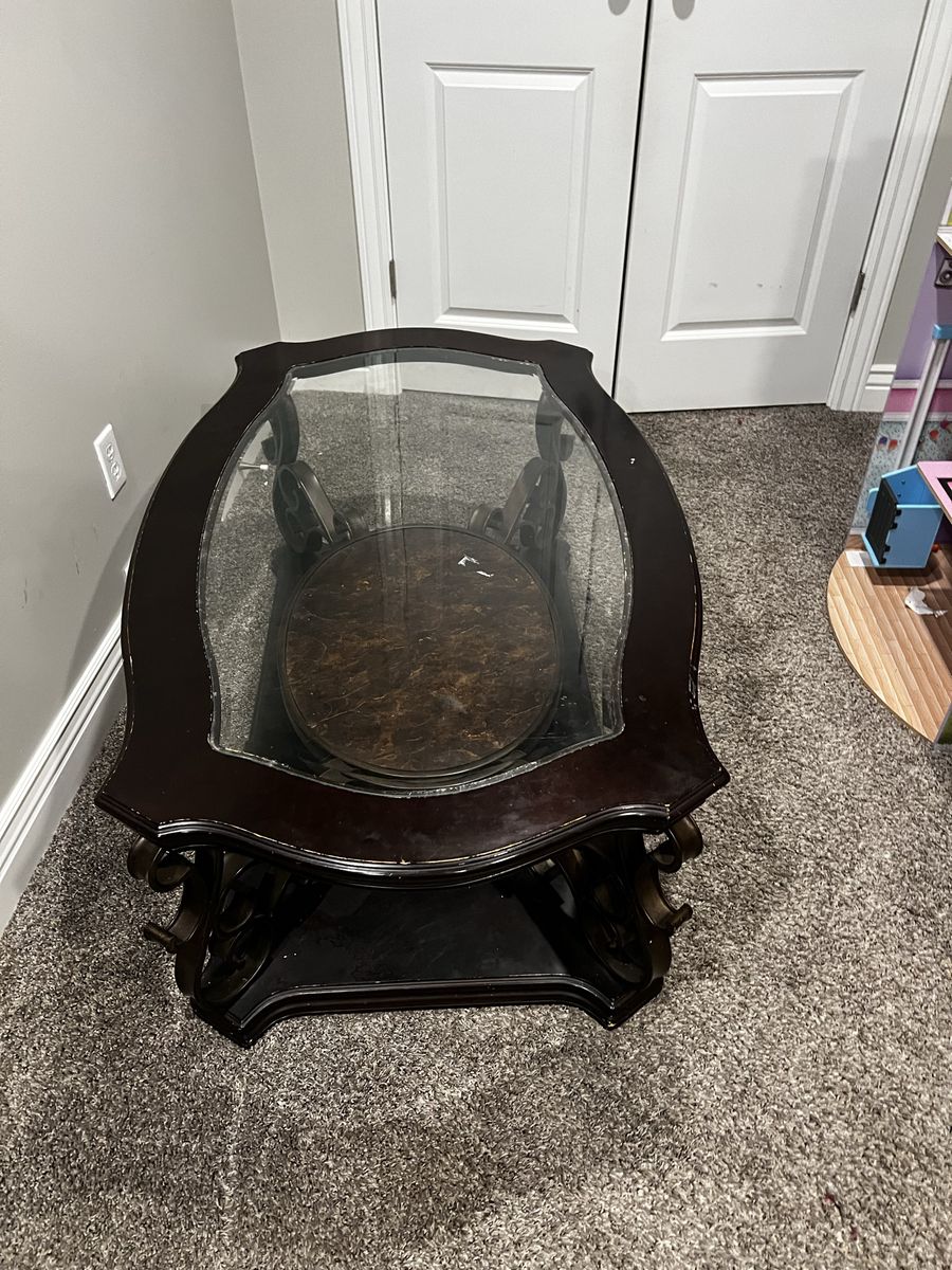 Elegant Glass Top End Table - Dark Wood & Metal Scroll Design