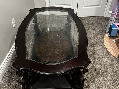 Elegant Glass Top End Table - Dark Wood & Metal Scroll Design
