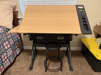 Adjustable Art / Drafting Table Desk with Stool & Storage Bins