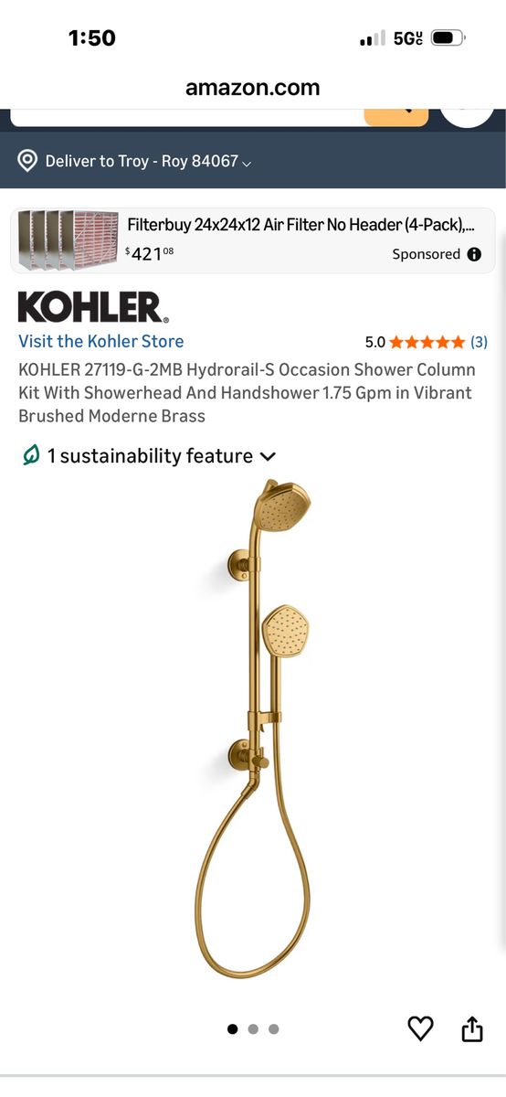 KOHLER 27119-G-2MB Hydrorail-S Occasion Shower Column Kit - Vibrant Brushed Moderne Brass 1.75 GPM