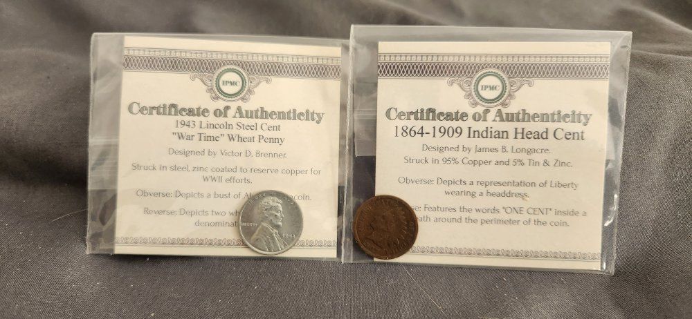 Vintage US Coin Lot: 1943 Steel Wheat Cent & 1907 Indian Head Cent with Certificates