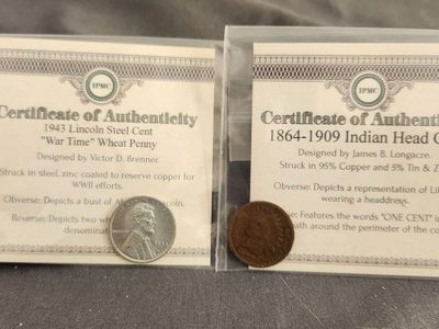 Vintage US Coin Lot: 1943 Steel Wheat Cent & 1907 Indian Head Cent with Certificates