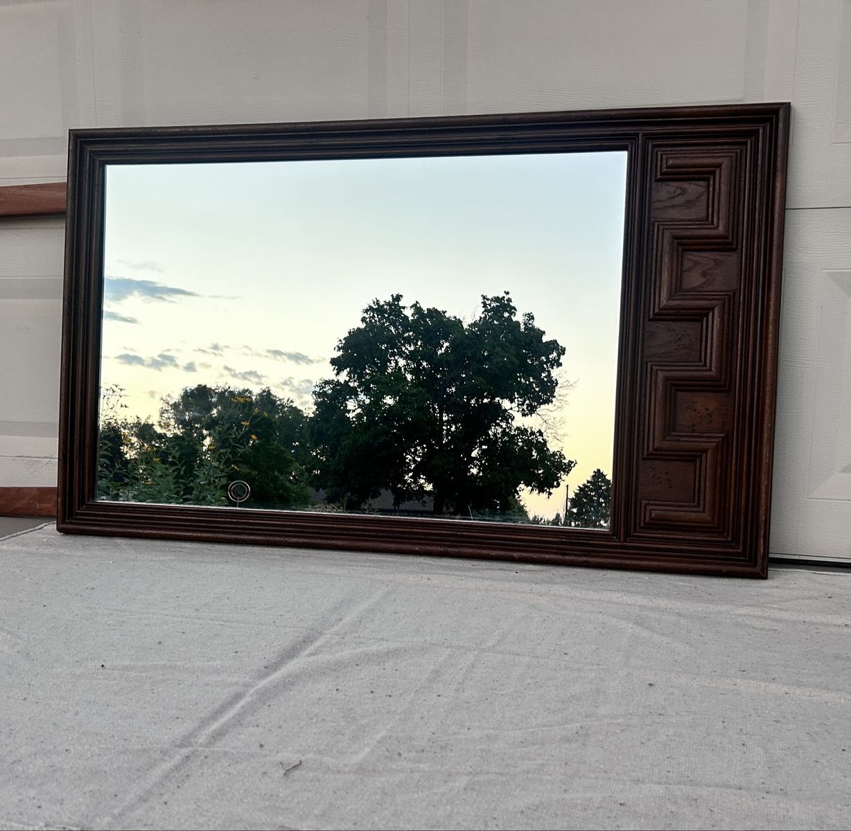 Large Vintage Wooden Wall Mirror with Decorative Carved Greek Key Accent Frame