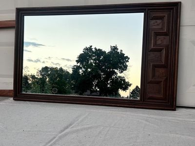 Large Vintage Wooden Wall Mirror with Decorative Carved Greek Key Accent Frame