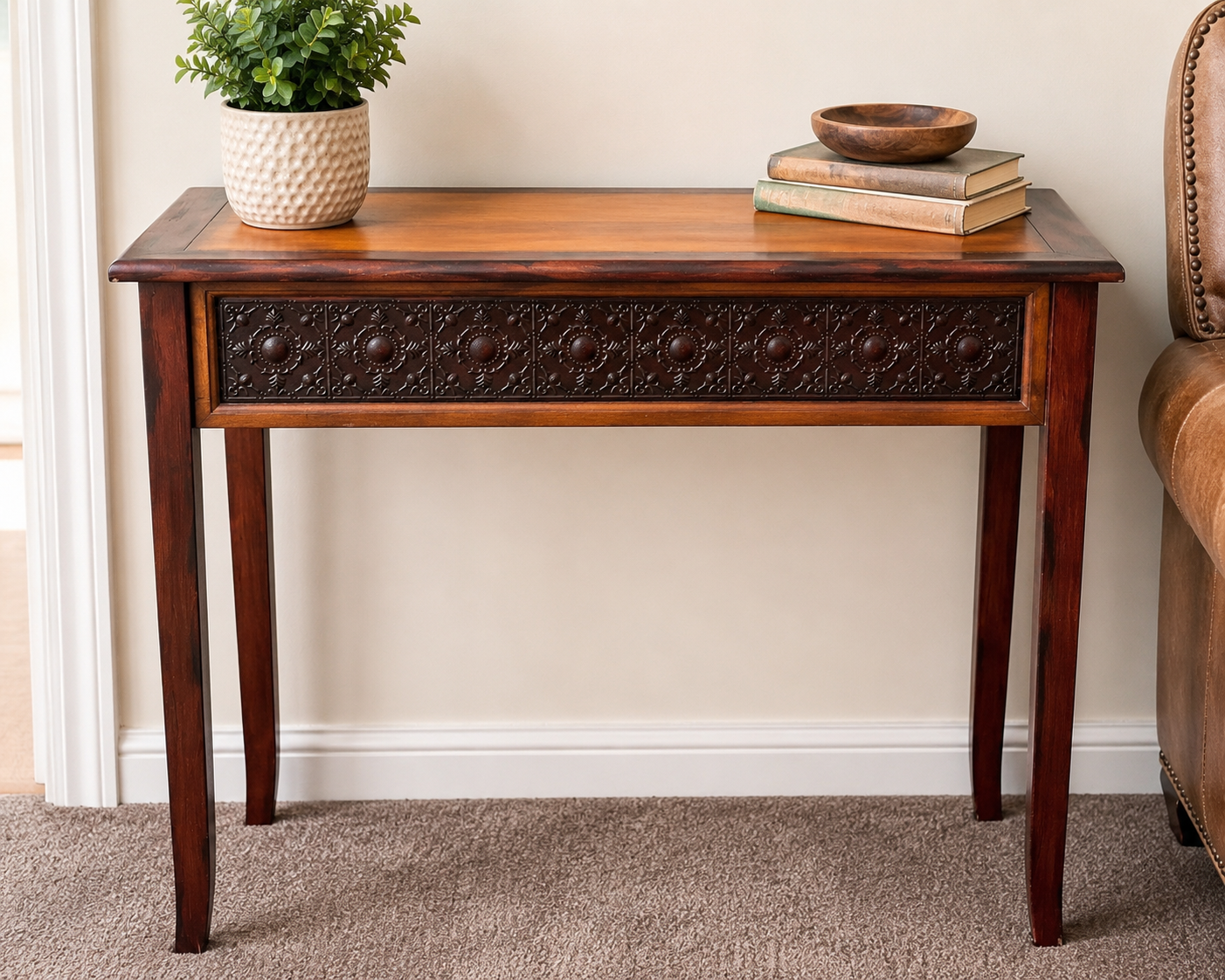 Rustic Wood Accent Console Table with Embossed Decorative Panel – Narrow Entryway Sofa Side Table – 29” x 14” x 29”