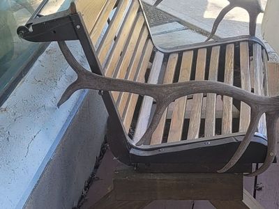 Ski chair with elk antler armrests - Rustic Outdoor/Indoor Seating. The ski chair is from 1970. Very comfortable.