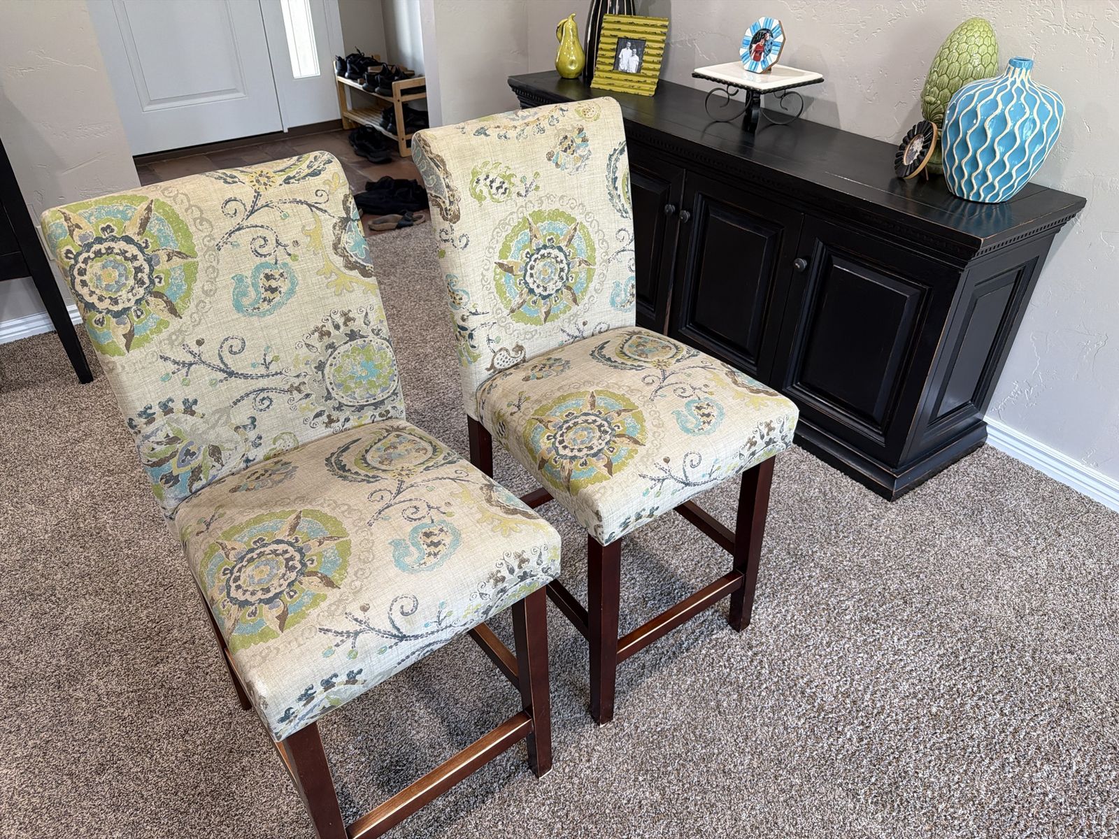 Set of 2 Counter Height Bar Stools with Blue and Green Floral Pattern Fabric Upholstery and Dark Wood Legs