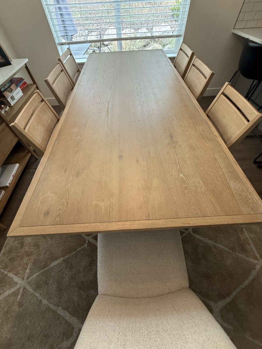 Wooden Dining Table with 8 Upholstered Chairs - Light Oak Finish, Modern Design