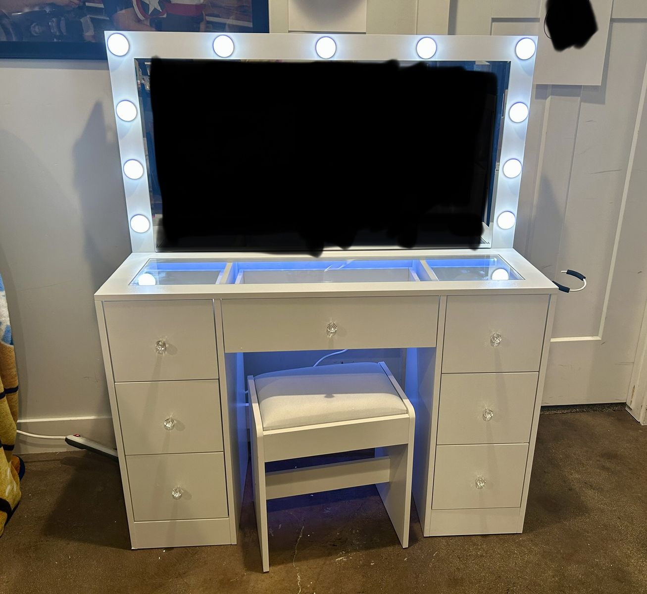 New White Hollywood Vanity with RGB Lighting and Stool