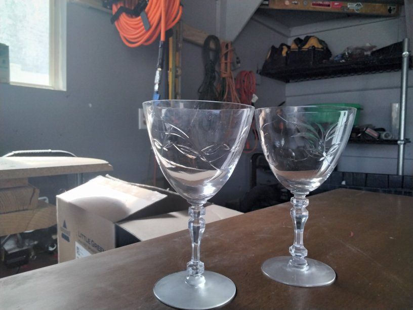 Vintage Etched Glass Wine/Water Goblets - Set of 2 with Leaf & Vine Pattern