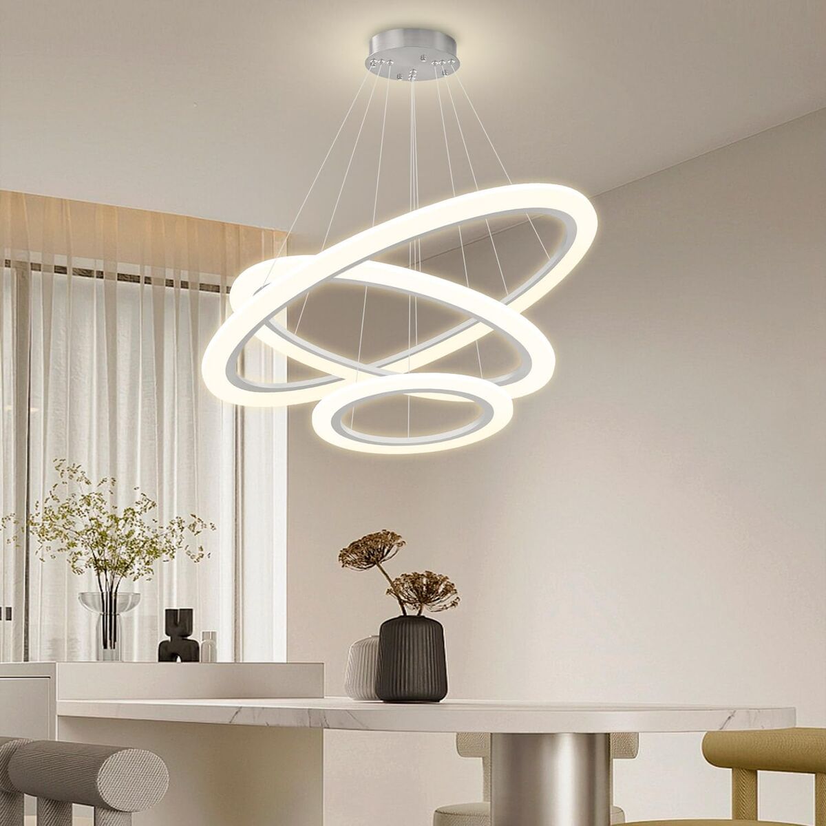AooLiWang Modern LED 3 Ring Chandelier Pendant Lighting Light Fixture Foyer Silver