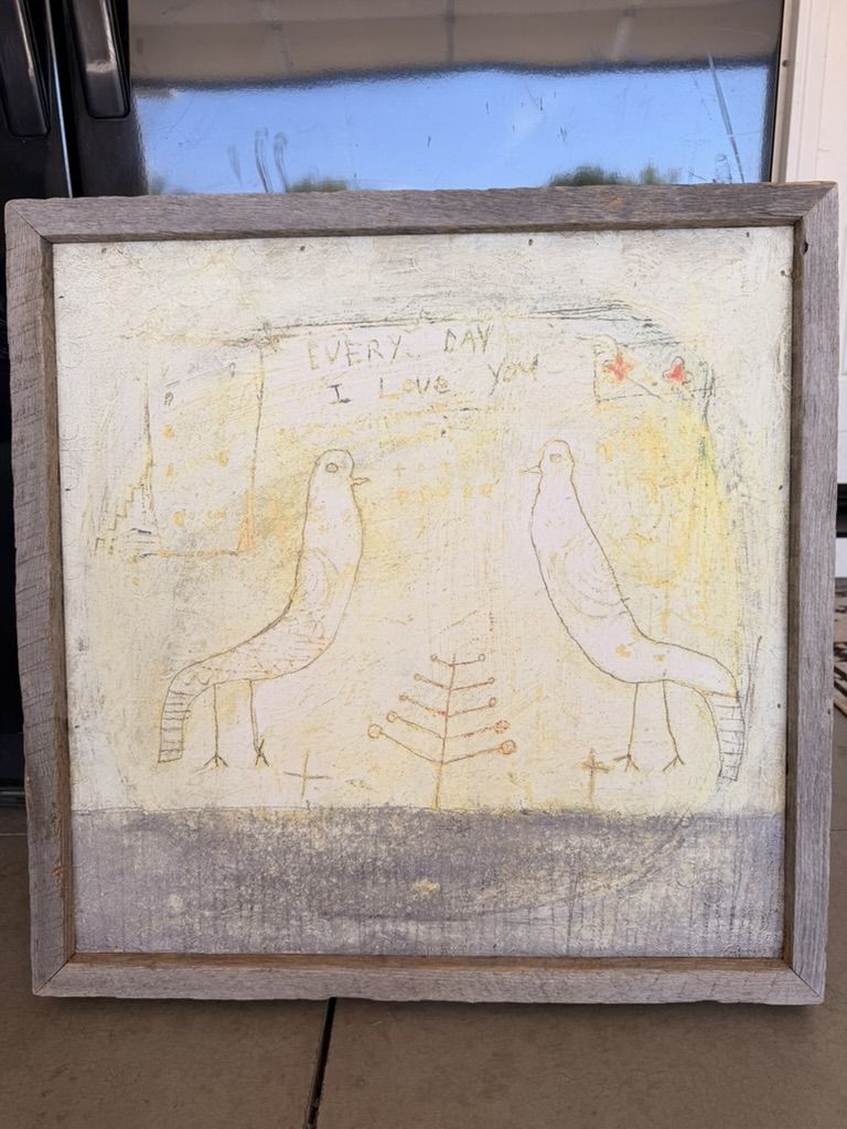 Sugarboo Rustic Folk Art Painting "Every Day I Love You" with Birds & Tree in Reclaimed Wood Frame