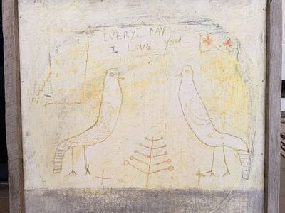 Sugarboo Rustic Folk Art Painting "Every Day I Love You" with Birds & Tree in Reclaimed Wood Frame