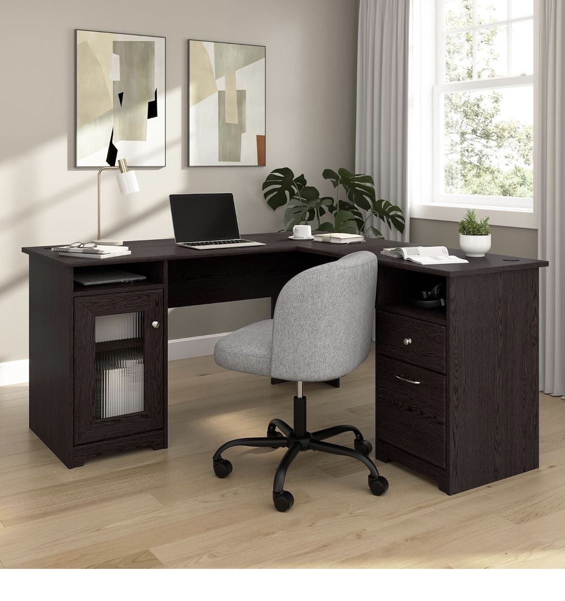 Dark Espresso L-Shaped Computer Desk with Fluted Glass Cabinet and Storage Drawers