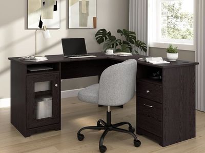 Dark Espresso L-Shaped Computer Desk with Fluted Glass Cabinet and Storage Drawers