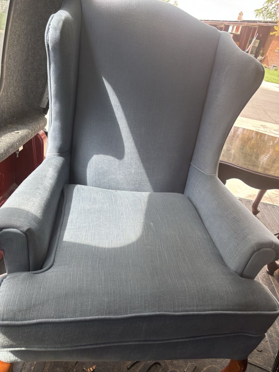 Blue Fabric Wingback Armchair with Wooden Legs