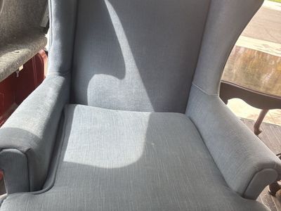 Blue Fabric Wingback Armchair with Wooden Legs