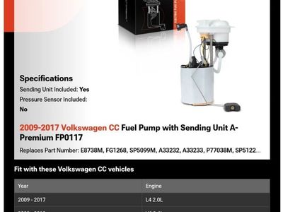 2009 - 2017 VW CC Fuel Pump with Sending Unit NEW