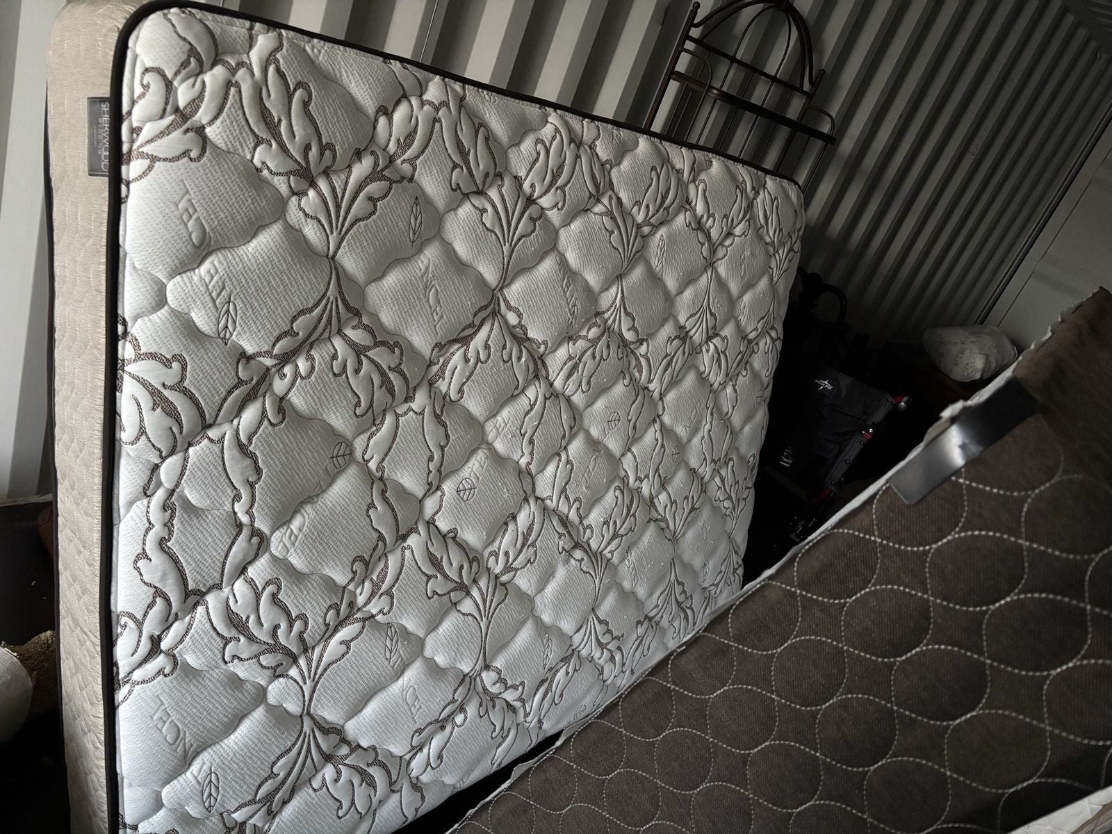 Queen mattress, box spring, and metal frame