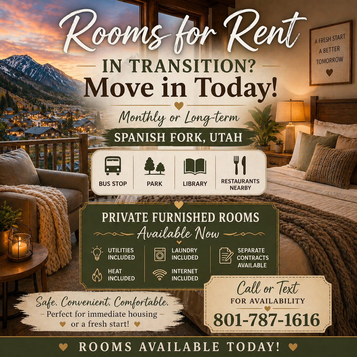 In transition? Move in TODAY! Furnished rooms separate contracts-by bus stop Incl utilities