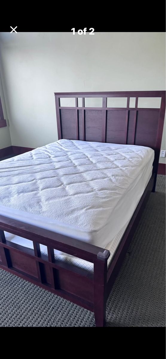 Queen Size Cherry Wood Bed Frame - Sturdy Platform Bed with Headboard Footboard and Mattress