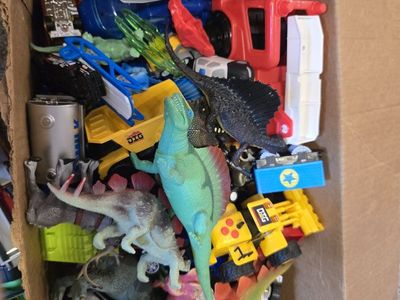 Assorted Toy Lot: Vehicles, Trucks, and Dinosaur Action Figures