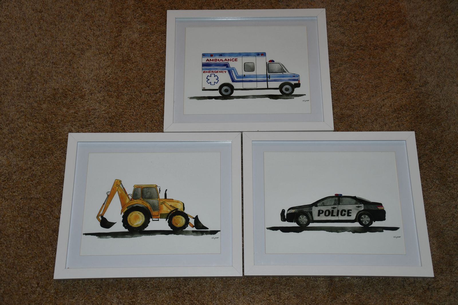 3 CHILDREN'S ROOMS PICTURES ~ POLICE CAR, DIGGER, AMBULANCE ~ 11" x 13" FRAMED ~ CUTE!