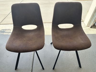 Set of 2 Brown Faux Leather Dining Chairs with Black Metal Legs & Cutout Back