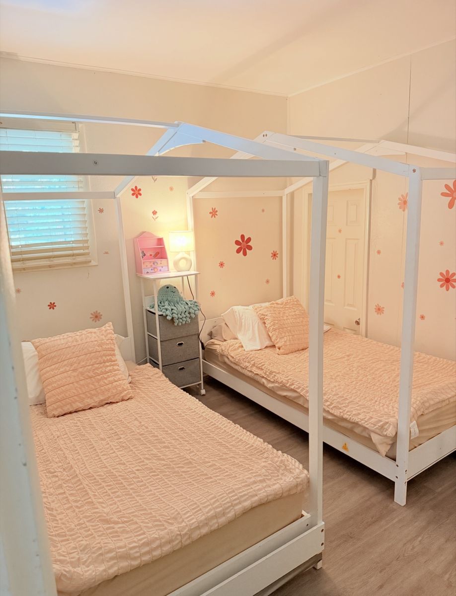 Set of 2 White Wooden House Canopy Twin Beds