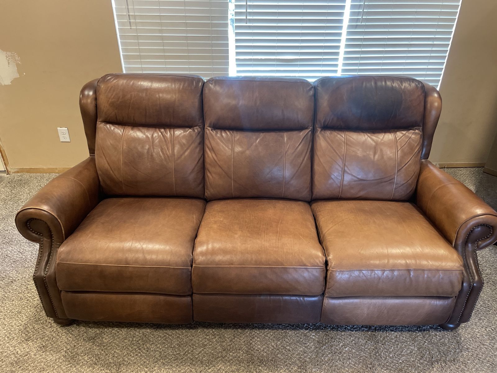Brown Leather Reclining Sofa Couch - 3 Seater with Nailhead Trim, Excellent Condition, Includes a match recliner chair
