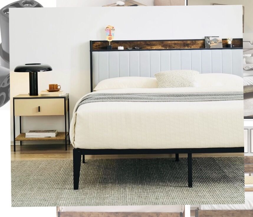 Modern Queen Bed Frame with Storage Shelf