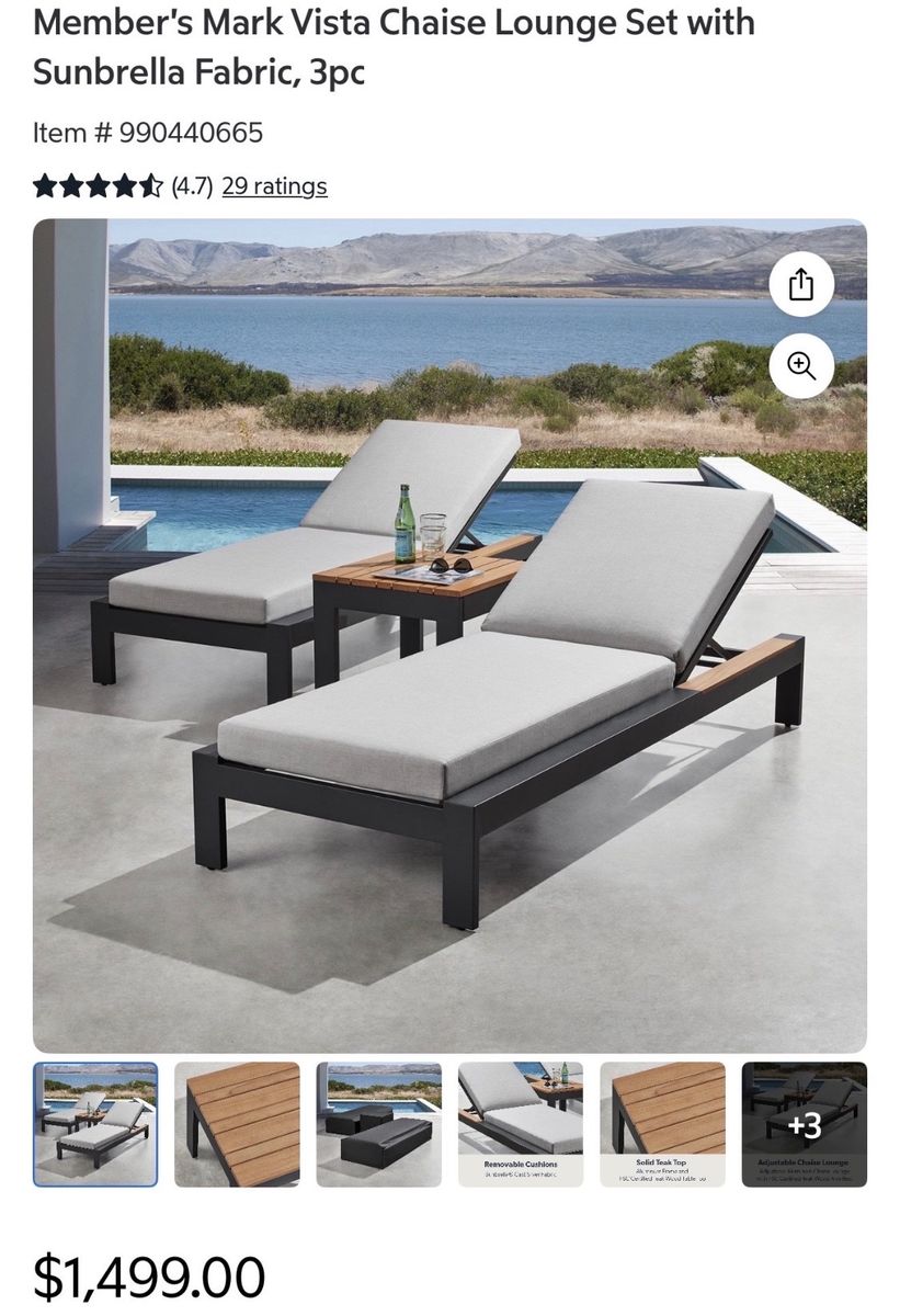 Member's Mark Vista 3pc Chaise Lounge Set w/ Sunbrella Fabric, Teak Top & Aluminum Frame