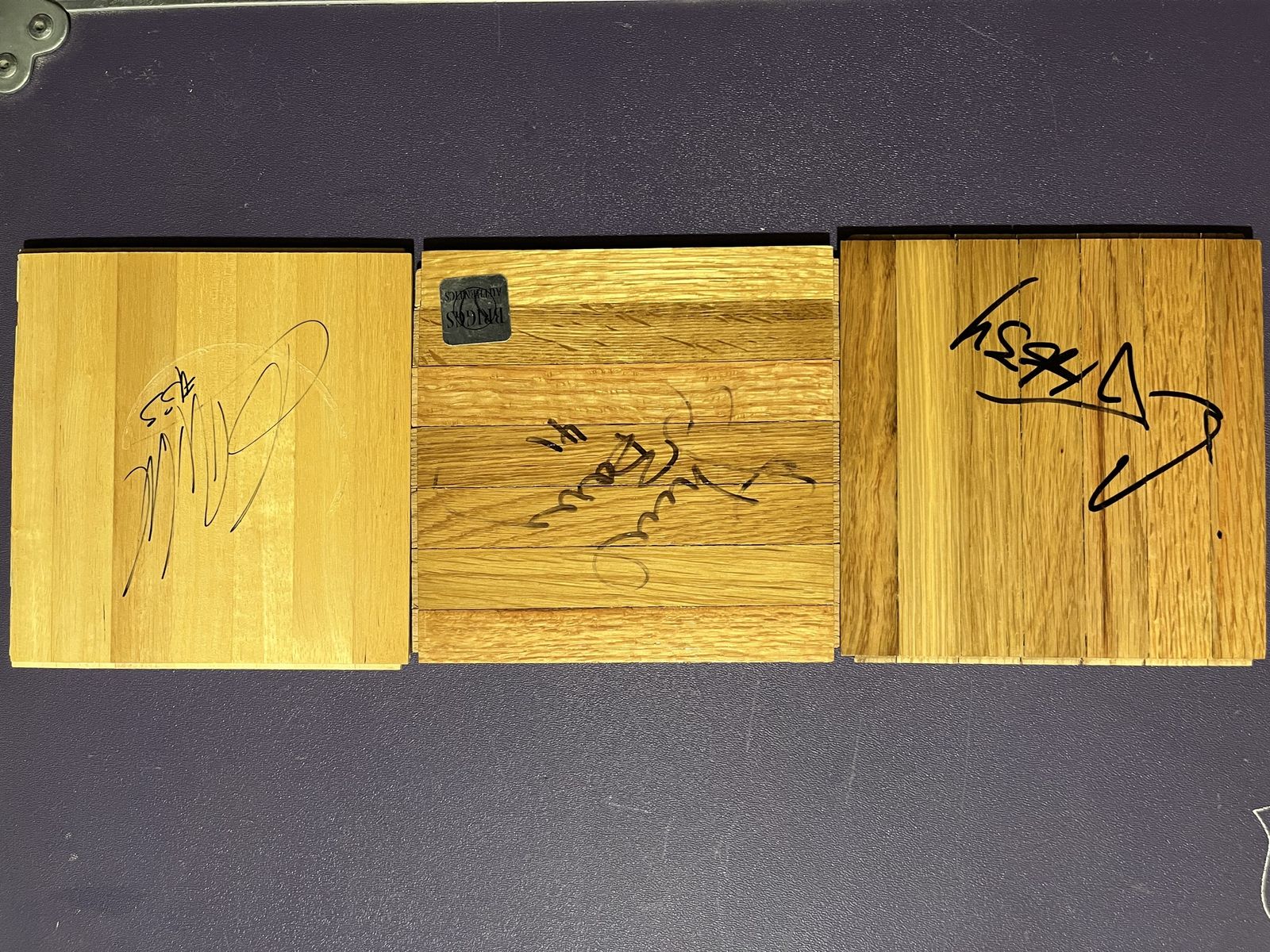 NBA Basketball Floor Pieces Autographed by CJ Miles, Rafael Araujo, & Thurl Bailey - Utah Jazz