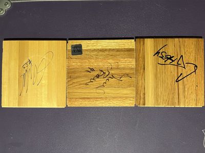 NBA Basketball Floor Pieces Autographed by CJ Miles, Rafael Araujo, & Thurl Bailey - Utah Jazz