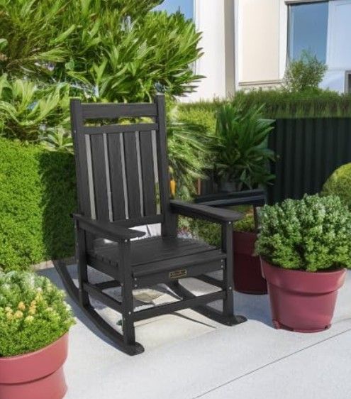 NEW SERWALL Oversized Outdoor Rocking Chair – Black – All-Weather HDPE