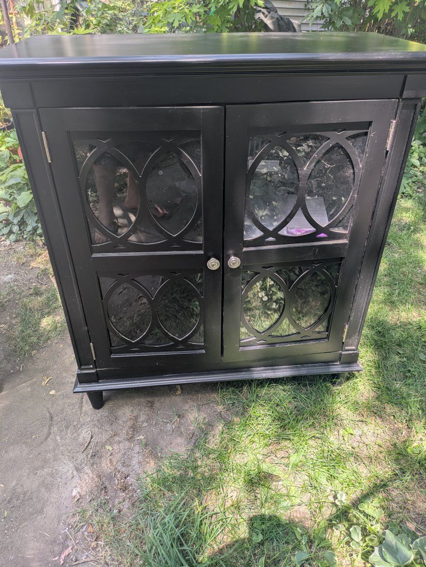 Black Wood Cabinet with Glass Doors & Decorative Overlays - Storage & Display