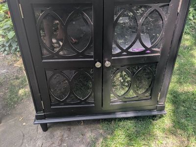 Black Wood Cabinet with Glass Doors & Decorative Overlays - Storage & Display