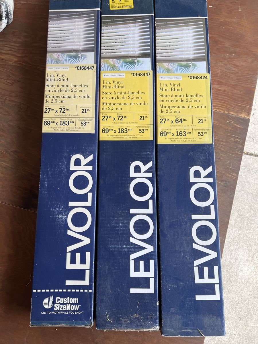 LEVOLOR White 1" Vinyl Mini Blinds - Two 27"x72" and One 27"x64" - Custom Size Now