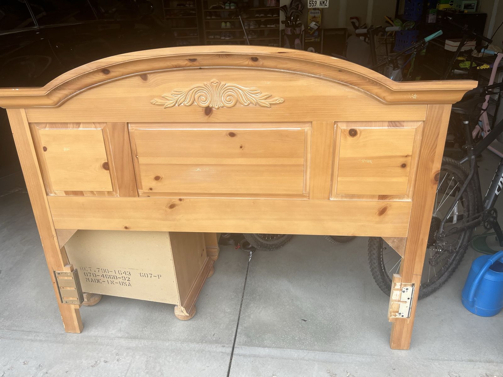 Pine Wood Bedroom Set - Headboard, footboard, rails, Dresser, Nightstand with Carved Details