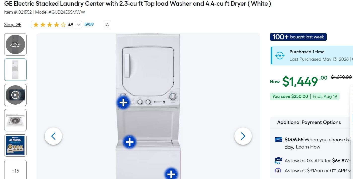 GE Electric Stacked Laundry Center with 2.3-cu ft Top load Washer and 4.4-cu ft Dryer ( White )