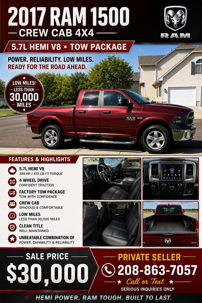 2017 RAM 1500 Crew Cab 4x4 - 5.7L HEMI V8, Tow Package, Low Miles (Less than 30k)