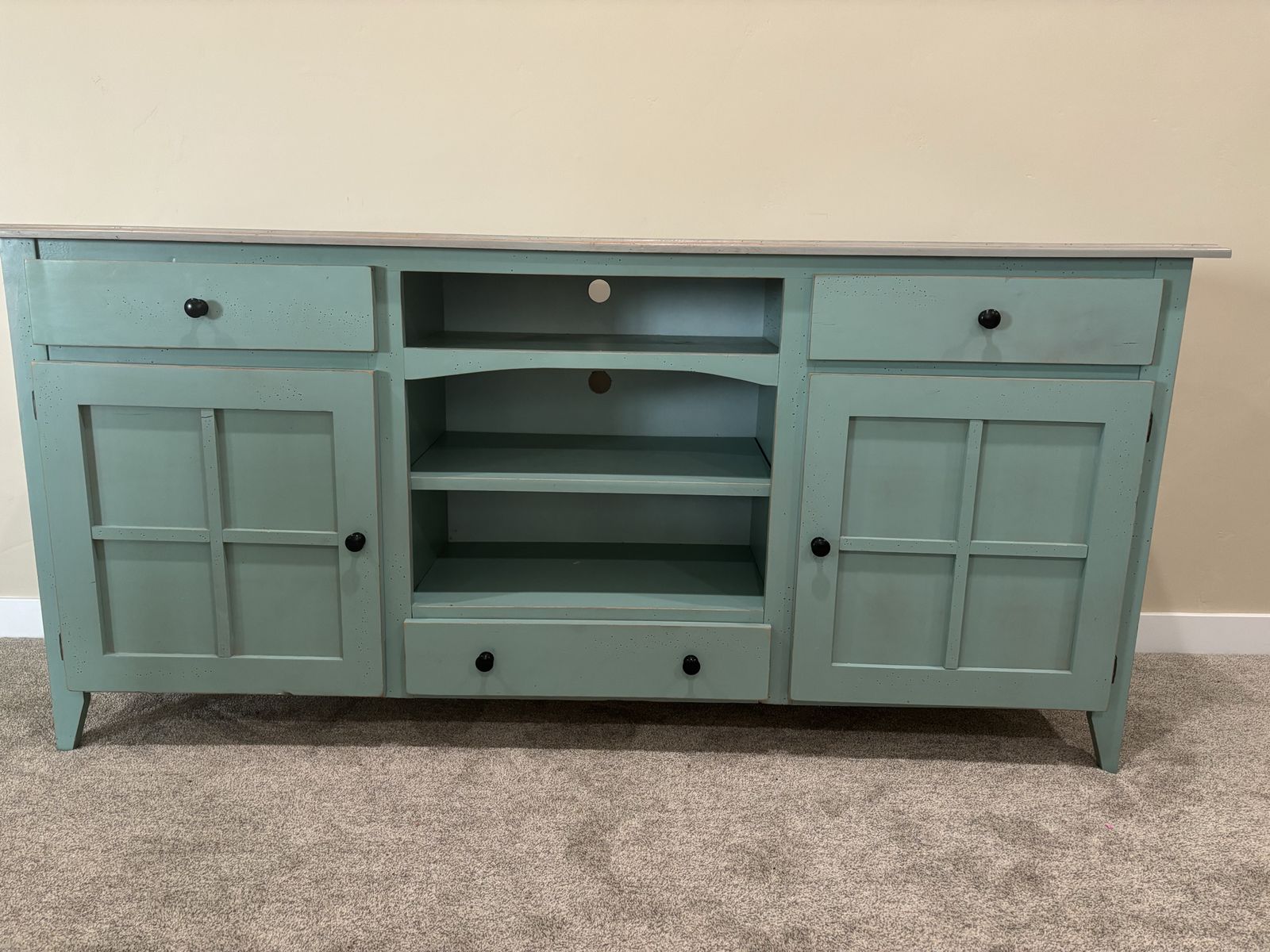 Shabby Chic Teal Entertainment Console TV Stand Cabinet with Storage