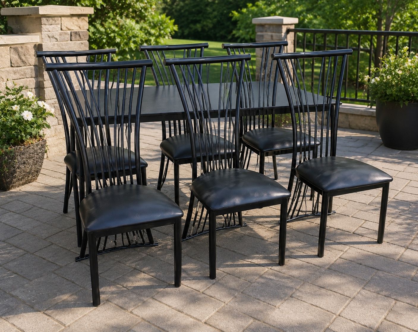 Black Outdoor Dining Set - Table & 6 Chairs with Black Faux Leather Seats - Metal Frame Patio Furniture