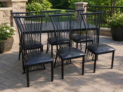 Black Outdoor Dining Set - Table & 6 Chairs with Black Faux Leather Seats - Metal Frame Patio Furniture